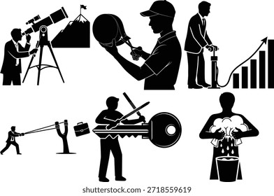 Varias personas que participan en diferentes actividades aisladas sobre fondo blanco, Vector
