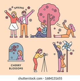 Various people enjoying cherry blossoms. Character source. flat design style minimal vector illustration.