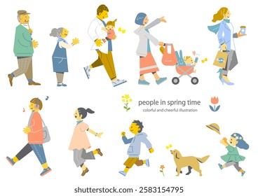 Various people enjoying spring - Colorful and fun flat illustrations