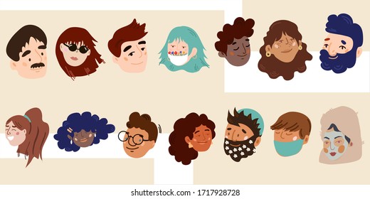Various people faces.Different icons and logos. Cute hand drawn trendy vector illustrations. Cartoon style and flat design. All elements are isolated