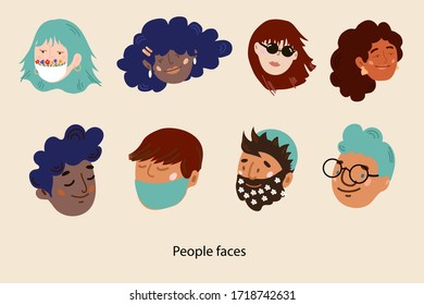 Various people faces.Different icons and logos. Cute hand drawn trendy vector illustrations. Cartoon style and flat design. All elements are isolated