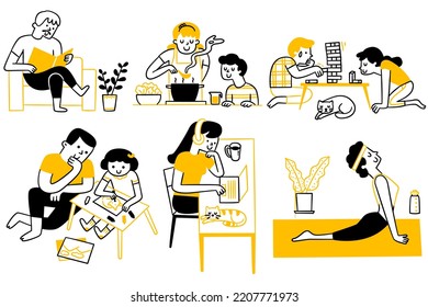 Diversas personas en familia realizan actividades en casa, leyendo, jugando a juegos, usando laptop, padres con niños, yoga. Estilo de doodle, contorno, lineal, arte de línea delgada, dibujo a mano.