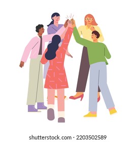 Various people gather and high-five. flat design style vector illustration.