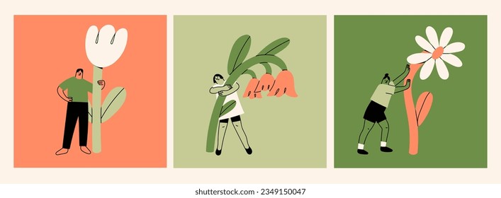 Various people with a giant Flowers. Young person holding flower. Cute funny isolated characters. Cartoon style. Hand drawn Vector illustration. Flower delivery service, florist, botanical concept