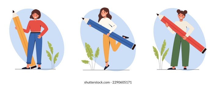 Varias personas con un Pencils gigante. Una chica estudiante con un lápiz grande. Mujer empresaria sostiene un lápiz grande. Redacción de copias y concepto de blogueo. Ilustración de material vectorial.