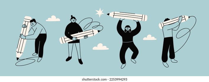 Various people with a giant Pencils. Young person holding pencil. Cute funny isolated characters. Cartoon style. Hand drawn Vector illustration. Drawing, writing, creating, design, blogging concept