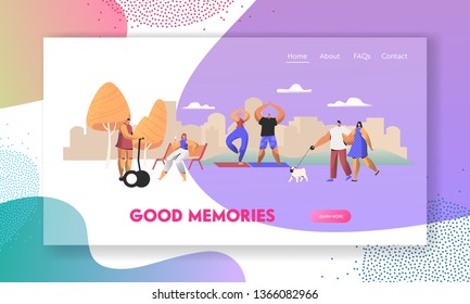 Various People Having Good Day in Public Park Relaxing Openair, Walking with Pet, Sport Exercising, Riding Hoverboard, Relax. Website Landing Page, Web Page. Cartoon Flat Vector Illustration, Banner