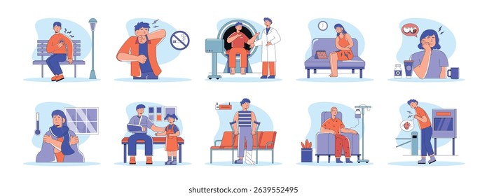 Various people health problems, which are inside the body or injuries. Design characters. Vector flat illustration