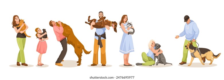 Various people holding or interacting with pets, on a white background. Concept of companionship and pet care. Vector illustration