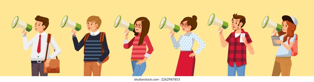 Various people holding megaphone shouting loud calls customers announcing sale Promotion advertising concept