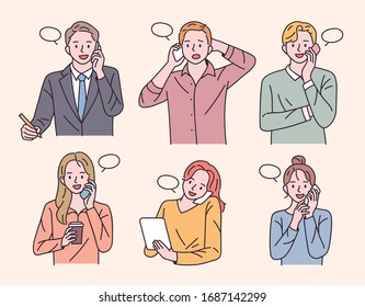 Various people are holding mobile phones and making calls. flat design style minimal vector illustration.