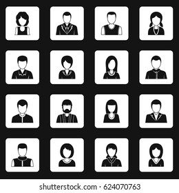 Various people icon set in white squares on black background. Simple illustration of various people icon vector set for any design