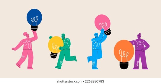 Various people with a large light bulb. Young person holding light bulb. Colorful vector illustration
