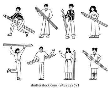 Various people with a large pencil. Funny young students holding writing or painting of giant pencils, person education concept guy and girl characters