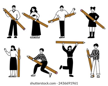 Various people with a large pencil. Funny young students holding writing or painting of giant pencils, person education concept guy and girl characters