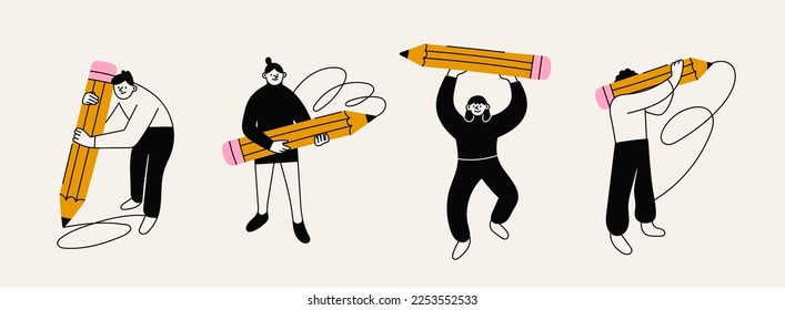 Various people with a large Pencil. Young person holding pencil. Cute funny isolated characters. Cartoon style. Hand drawn Vector illustration. Drawing, writing, creating, design, blogging concept - Shutterstock ID 2253552533