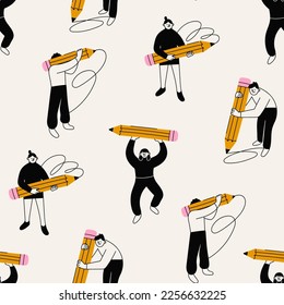 Various people with a large Pencils. Young person holding pencil. Cute funny characters. Cartoon style. Hand drawn Vector illustration. Drawing, writing, creating, design concept. Seamless Pattern