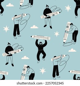 Various people with a large Pencils. Young person holding pencil. Cute funny characters. Cartoon style. Hand drawn Vector illustration. Drawing, writing, creating, design concept. Seamless Pattern