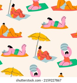 Various people lying on towels or blankets. Cute characters relaxing, sunbathing, reading books, talking. Summer time, beach, vacation concept. Hand drawn Vector seamless Pattern. Square background