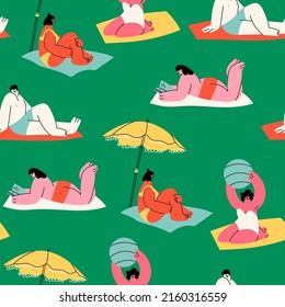 Various people lying on towels or blankets. Cute characters relaxing, sunbathing, reading books, talking. Summer time, beach, vacation concept. Hand drawn Vector seamless Pattern. Square background