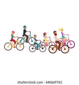 Various people, men and women, riding bicycles, cycling, cartoon vector illustration isolated on white background. Young people, group, crown riding bicycles, cycling, summer outside activities