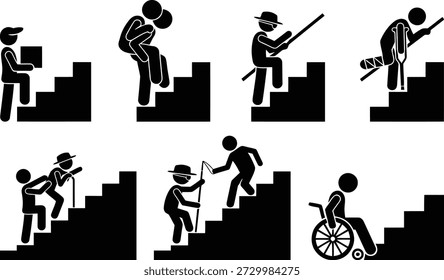 Várias pessoas navegando escadas em um fundo branco.