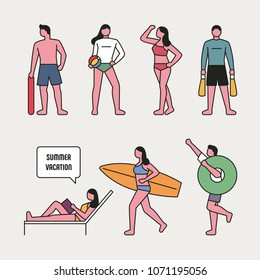 Various people on the summer beach. vector illustration flat design