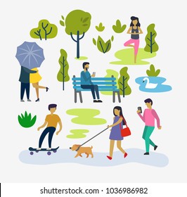 Various people at park outdoor activities. Vector flat