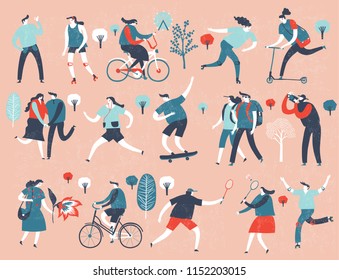 Various people at park performing leisure outdoor activities. Cartoon colorful vector illustration.
