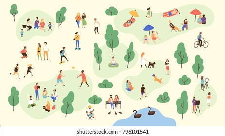 Various people at park performing leisure outdoor activities    playing and ball  walking dog  doing yoga   sports exercise  painting  eating lunch  sunbathing  Cartoon colorful vector illustration 