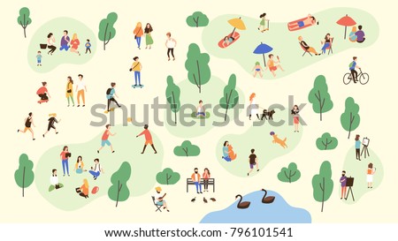 Various people at park performing leisure outdoor activities - playing with ball, walking dog, doing yoga and sports exercise, painting, eating lunch, sunbathing. Cartoon colorful vector illustration.