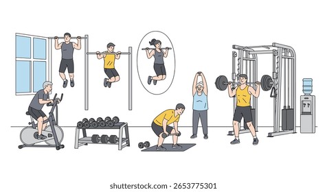 Various people performing different exercises in a modern well-equipped gym