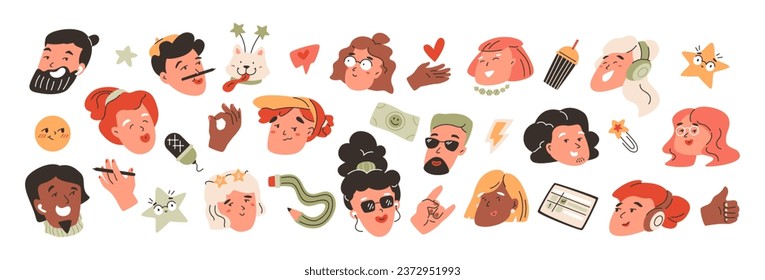 Various people portraits set, hands gesture, unique design elements, emoji, dog, artist, singer, bizzare stylish person head. Sticker with talent characters. Hand drawn vector illustration.