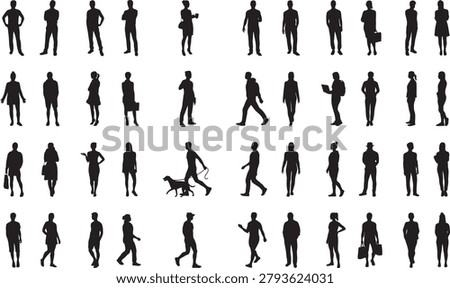 Various people poses and casual silhouettes set featuring minimalist line art style. Professional black vector icons including men and women standing, walking, and working. High-quality graphic elements perfect for architectural rendering, urban lifestyle branding, mobile apps, and UI design.