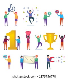 Various people posing with social media icons. Man and woman hold big thumb up icon, letter, golden cup. Successful social media. Flat design vector illustration