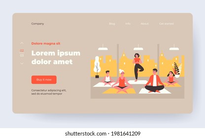 Various people practicing yoga in gym together. Relaxation, pose, meditation flat vector illustration. Healthcare and sport activity concept for banner, website design or landing web page