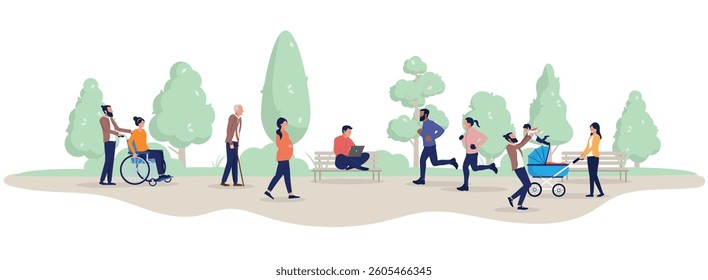 Various people in public park outdoors - Vector characters spending time and doing leisure activities outside in fresh air. Flat design vector illustration graphic on white background