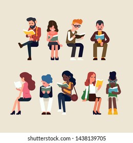 Various people reading in sitting poses. Flat vector concept illustration on reading and book lovers with diverse group of people enjoying a good book