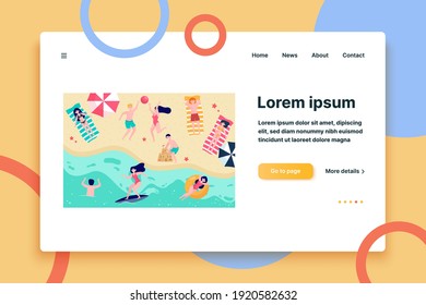 Various people relaxing on beach flat vector illustration. Cartoon characters resting at sea or ocean coast. Vacation, summer activity and leisure concept