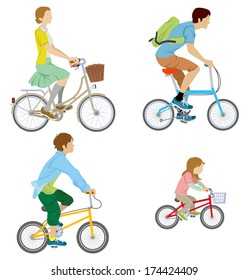 Various people riding Bicycle, Isolated