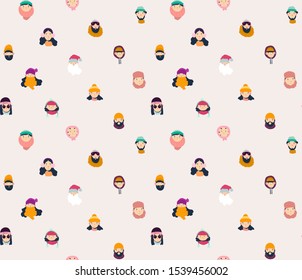 Various people and Santa Clause. Faces and heads. Seamless background. Eps 10.