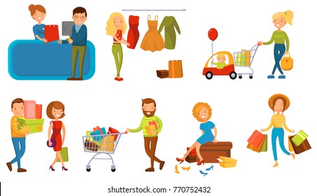 Various people shopping in a mall set, smiling women and man with gift boxes, paper bags and carts cartoon vector illustration