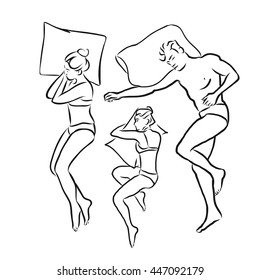 Various People sleeping together, Vector Outline Sketch