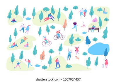 Various people at spring or summer park. Vector background. Leisure outdoor activities - riding bicycles, walking dog, reading, picnic. Cartoon style flat vector illustration.