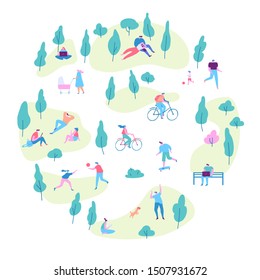 Various people at spring or summer park. Leisure outdoor activities - walking dog, playing with ball, jogging, riding bicycle, relaxing, reading, eating on picnic. Cartoon flat vector illustration.