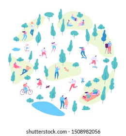 Various people at spring or summer park. Leisure outdoor activities - walking dog, playing with ball, jogging, riding bicycle, relaxing, reading, eating on picnic. Cartoon flat vector illustration.