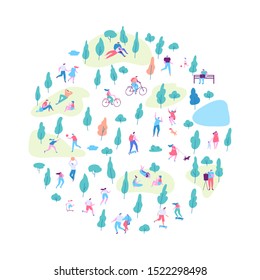 Various people at spring or summer park background. Leisure outdoor activities - walking dog, playing with ball, jogging, reading, picnic. Cartoon style flat vector illustration.
