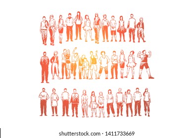 Varias personas de pie en grupos, parejas jóvenes y viejas, amigos con ropa casual y formal. Conexiones sociales, amigos felices y boceto de concepto familiar. Ilustración vectorial dibujada a mano