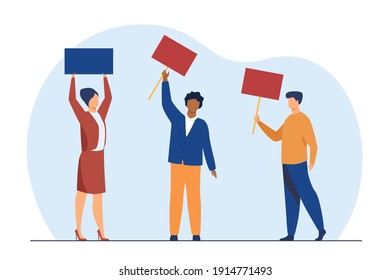 Various people standing on rally with placards. Copy space, democracy, meeting flat vector illustration. Social position and protest concept for banner, website design or landing web page