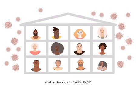 Various people staying at home for quarantine with the virus outside. Vector art in minimal flat style.